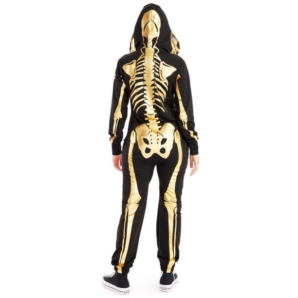 NWT Tipsy Elves Gold Skeleton Costume Zip Hood Onesie Jumpsuit Black Sz M - Picture 2 of 14